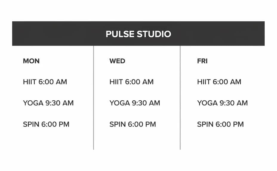 Fitness timetable layout with a bold header band and ruled day columns