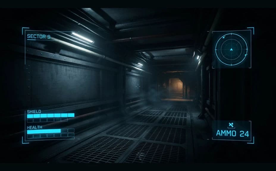 Game HUD mockup option with corner-anchored bars and a square minimap