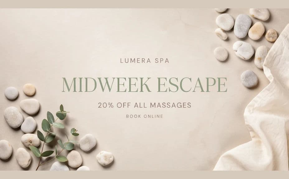 Spa promotion graphic with a centred headline over a soft stone background