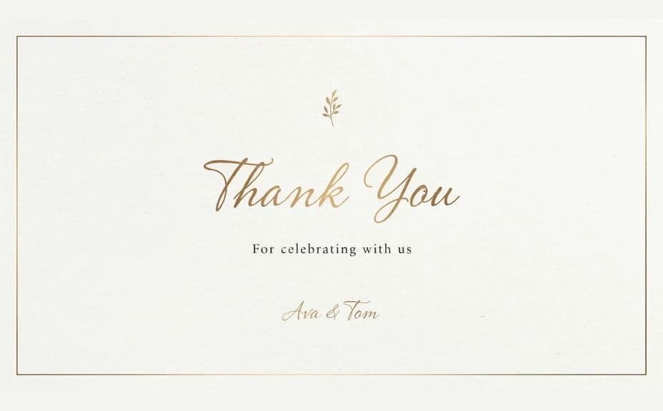 Thank you card with a centred script headline and a fine border