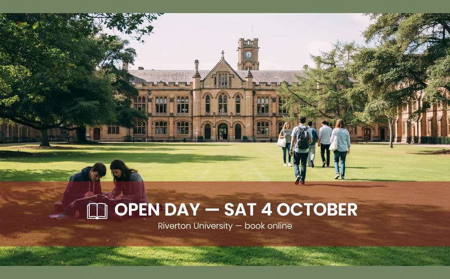 Open day graphic design with the date over a full-bleed campus photo