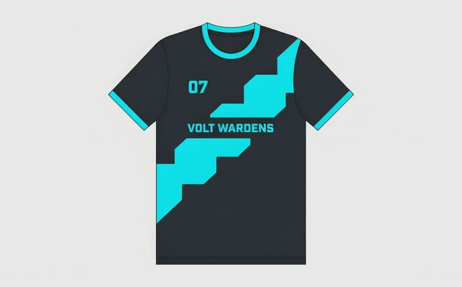 Alternate esports jersey option in a dark charcoal kit with cyan trim