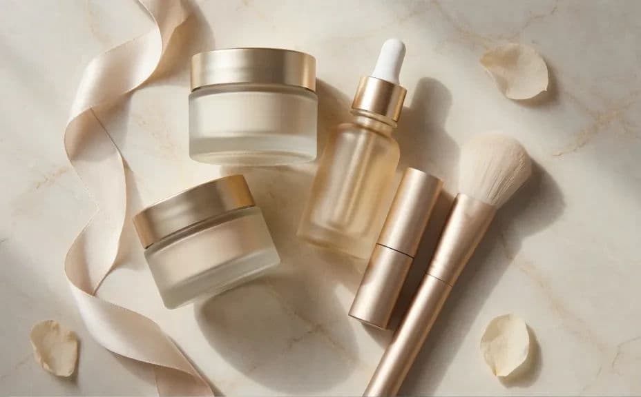 Overhead beauty flat lay arranged loosely on a warm marble surface
