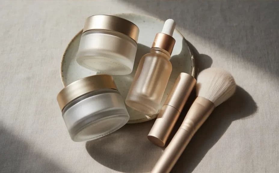 Alternate styling of the same beauty products in a tighter overhead arrangement on soft linen