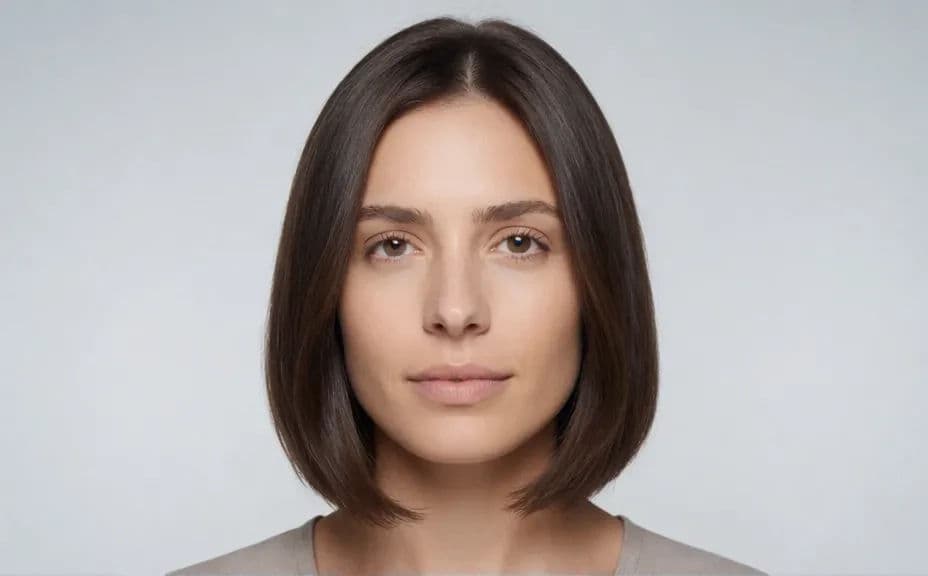 Portrait of a woman with her current dark hair colour on a neutral backdrop