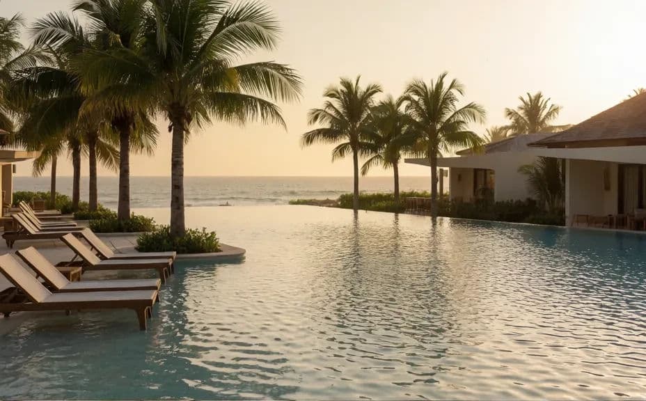 Wide resort shot with an infinity pool and palms in golden light