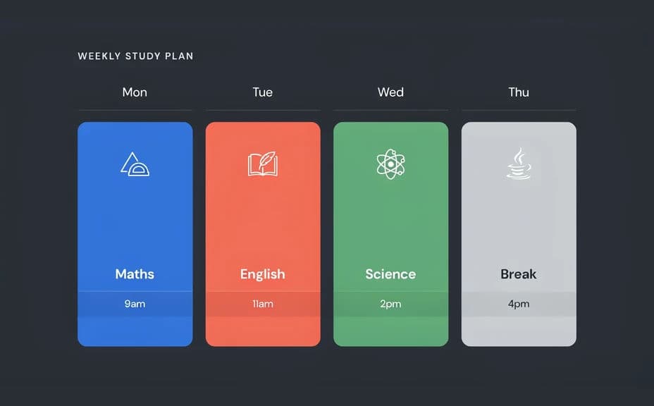 Alternate study schedule design with a column per day and stacked subject cards