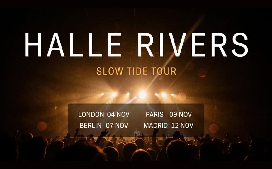 Tour announcement layout with the date list set over a full-bleed photographic background