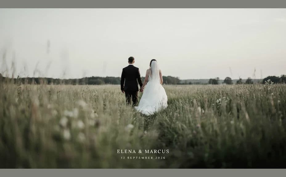 Wedding album cover design with names and date over a photographic field