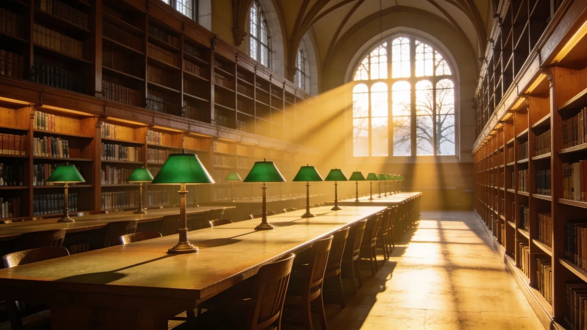 A wide editorial photograph of an empty reading room with tall oak shelves and low winter sun through high windows