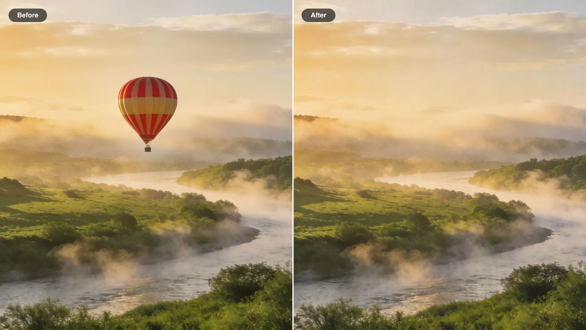 Before and after of a valley at sunrise, a single striped hot-air balloon moved from the center to the upper left