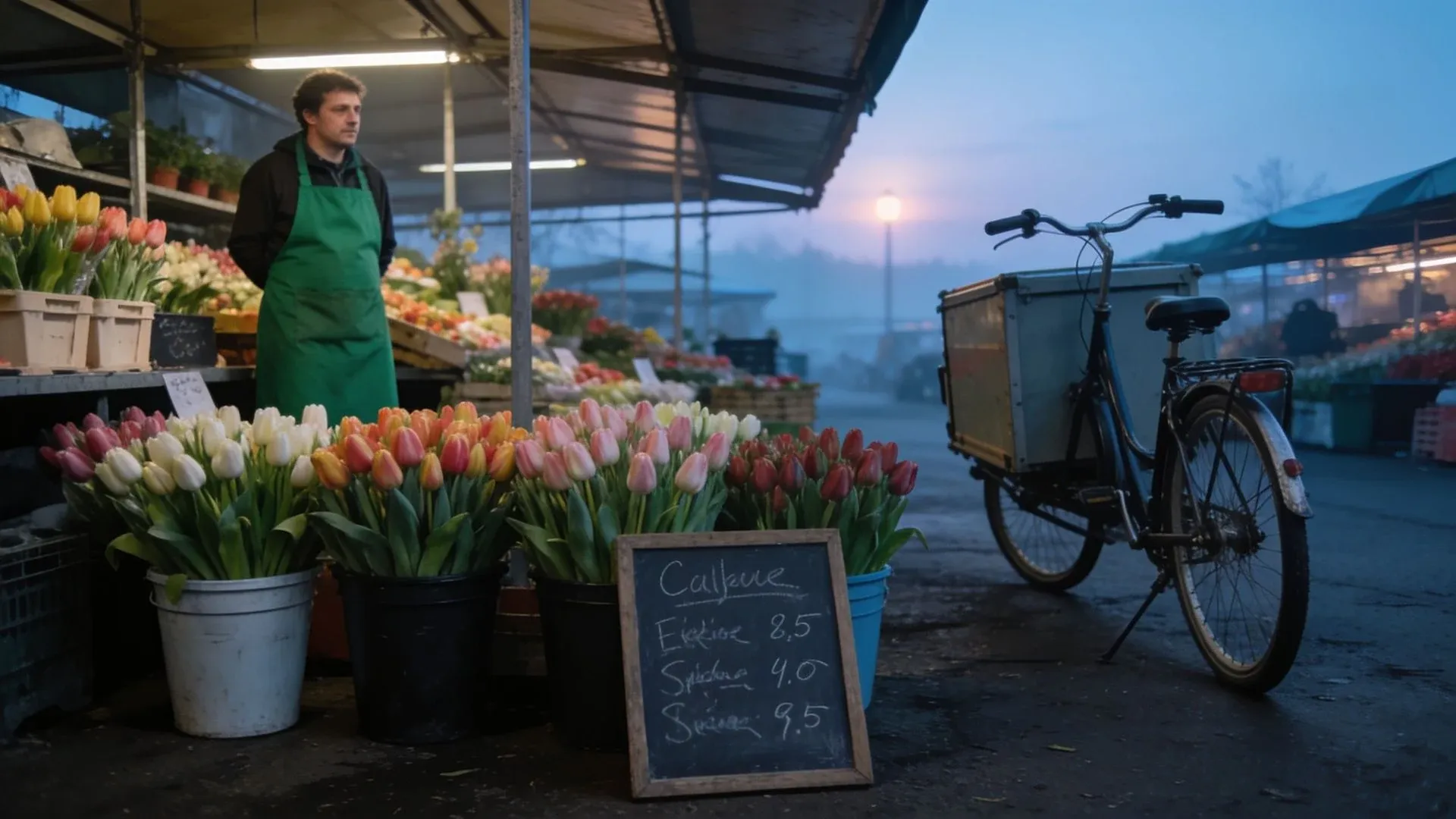 A flower market at dawn, a vendor in a green apron on the left behind buckets of tulips, a delivery bicycle on the right, a chalk price board low in the center