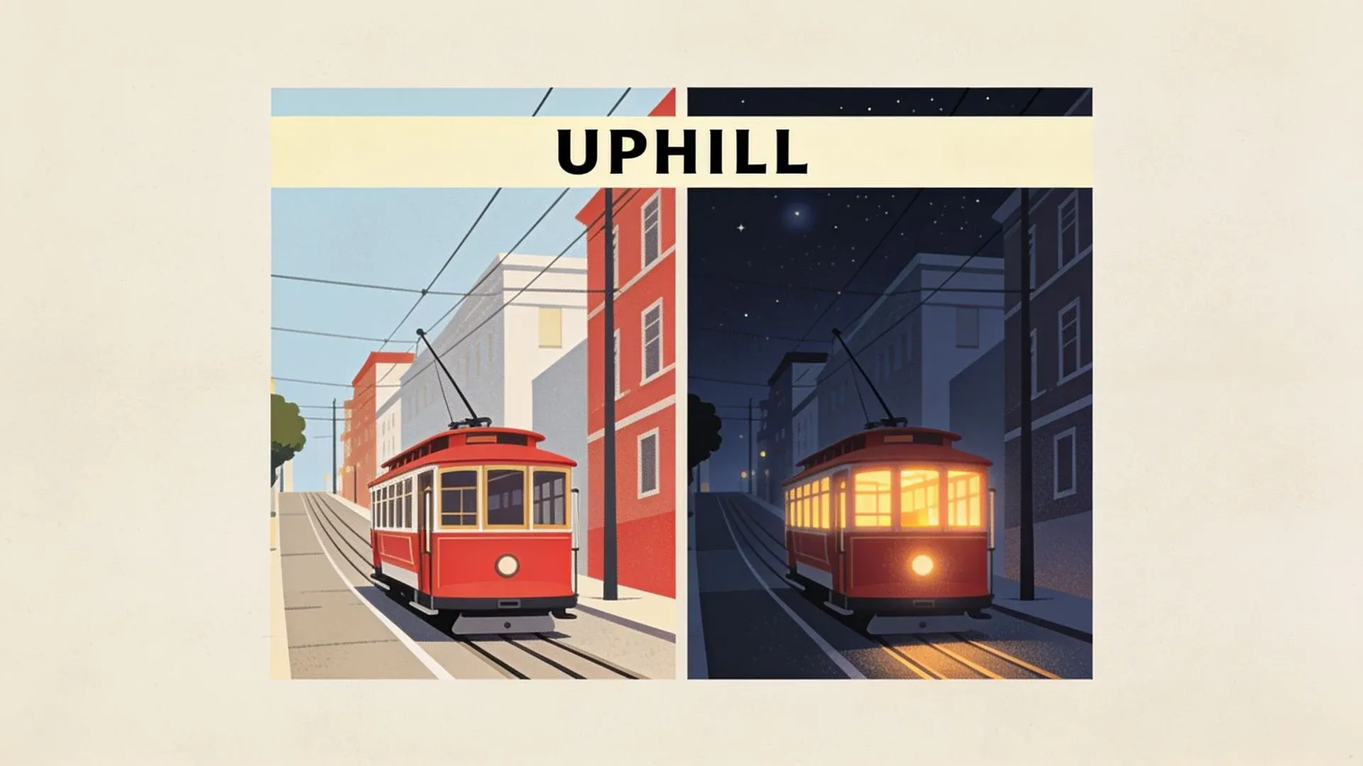 A two-panel screen-print poster titled UPHILL, a red cable tram climbing a steep street by day on the left and lit up at night on the right