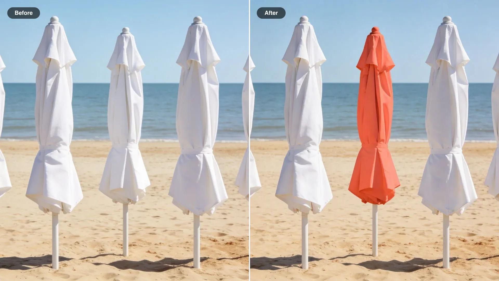 Before and after of five white beach umbrellas in a row, only the third umbrella recolored coral