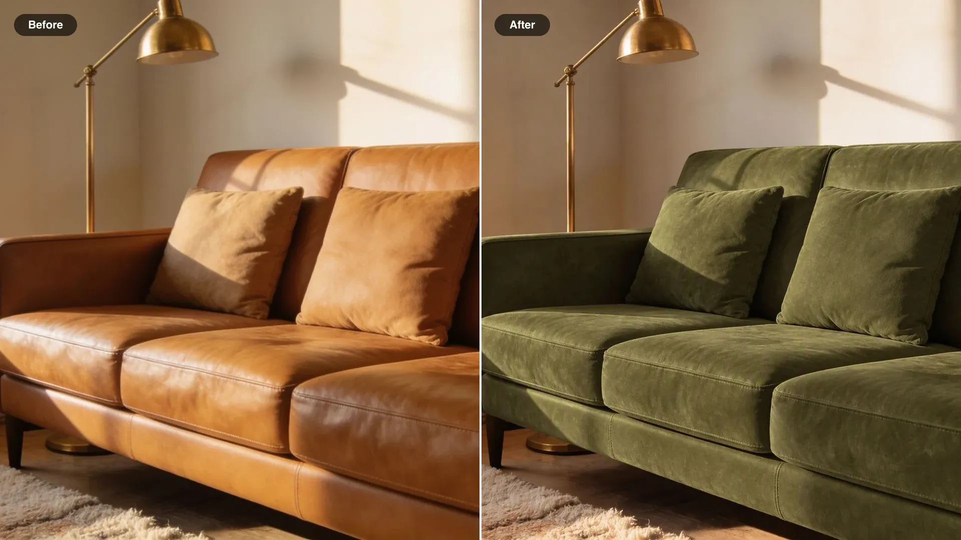 Before and after of a living room, a tan leather sofa changed to moss green suede with the same cushions