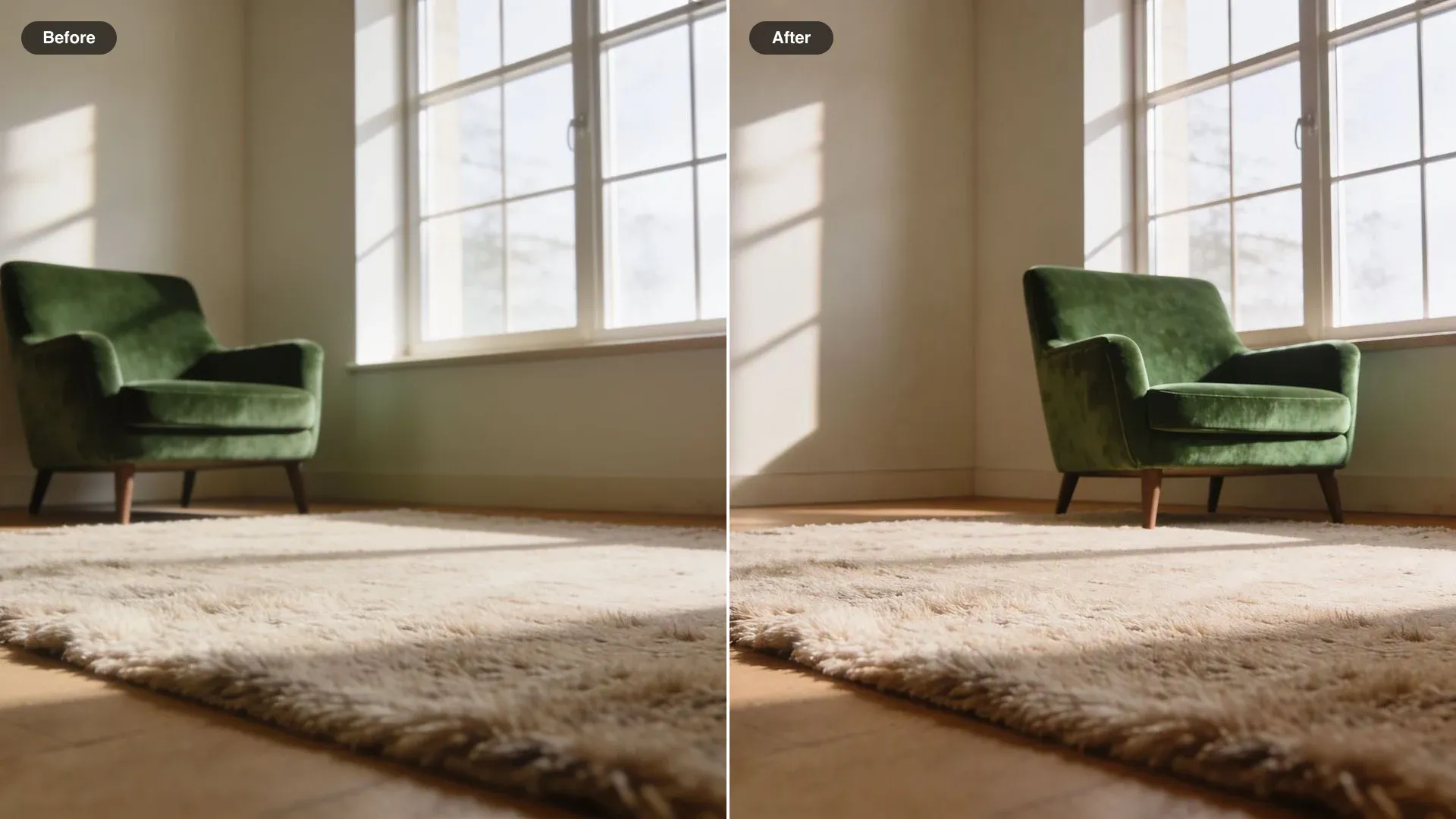 Before and after of a living room, a green reading chair moved from the corner to beside the window