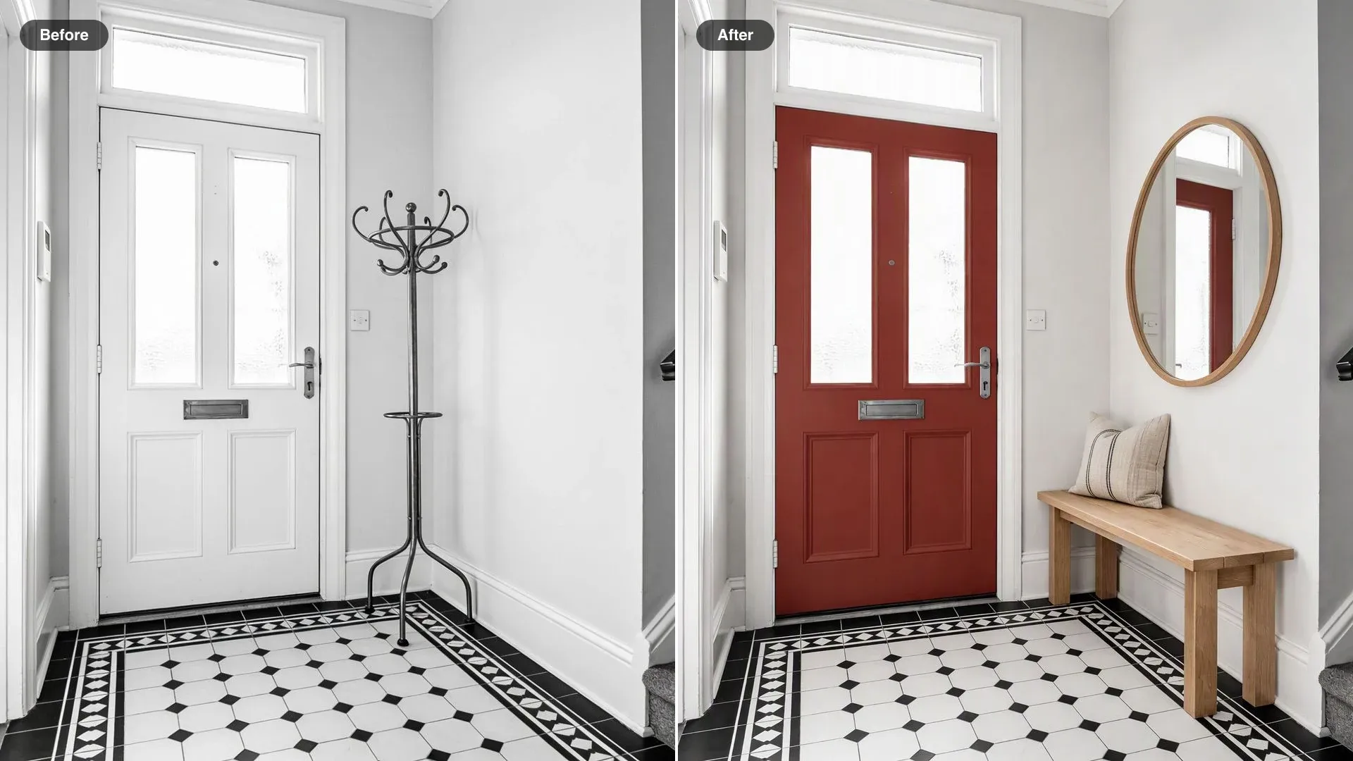 Before and after of a hallway, the front door painted deep red, the coat stand replaced by an oak bench, and a round mirror added