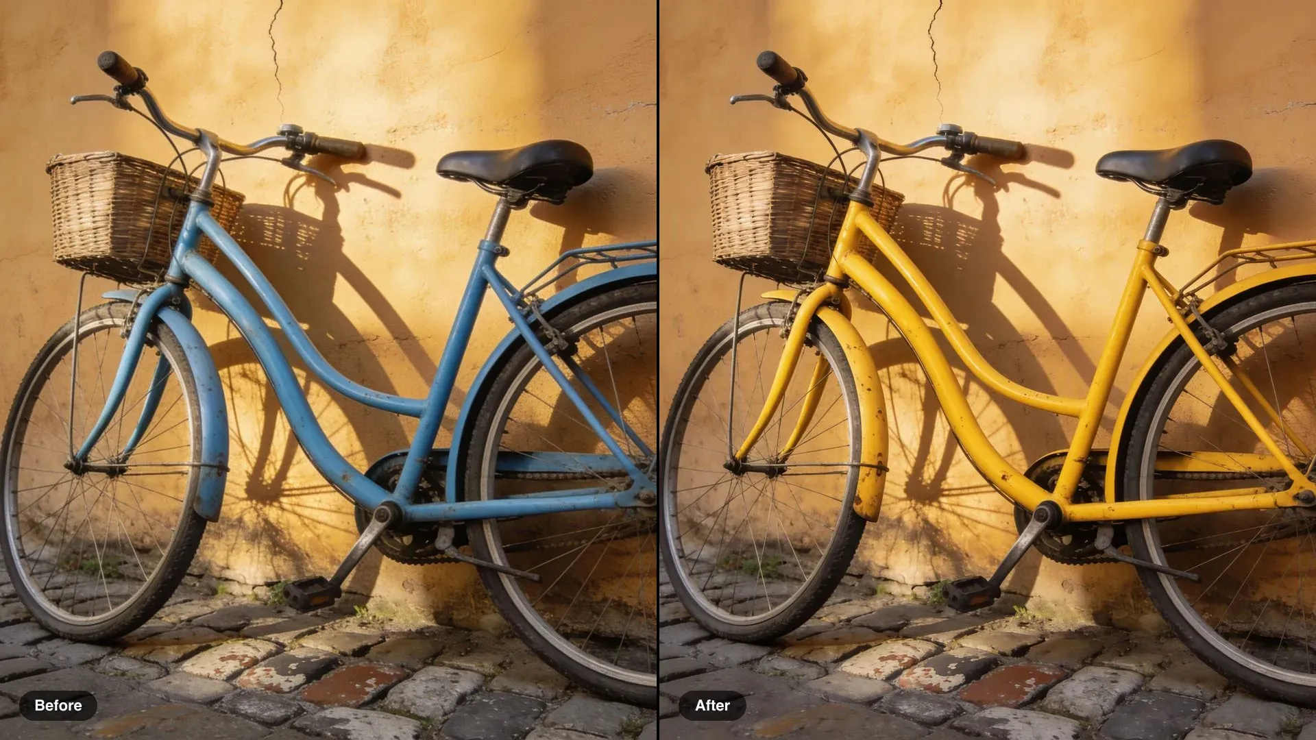 Before and after of a vintage bicycle against an ochre wall, the frame recolored from powder blue to sunflower yellow