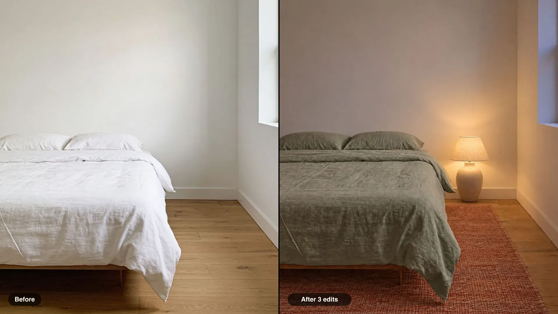 A sparse white bedroom and the same bedroom after three edits: a terracotta rug, sage linen bedding, and a lit bedside lamp at dusk