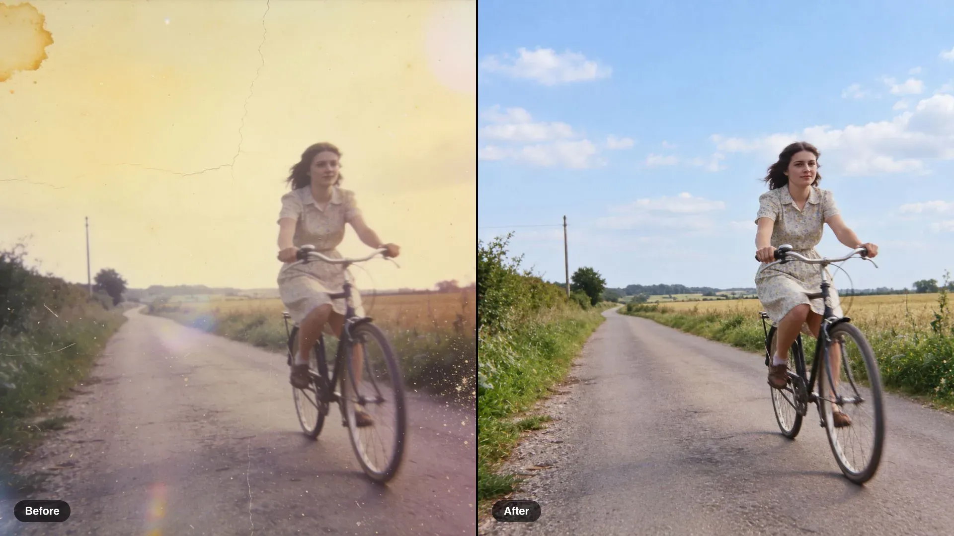 Before and after of a faded, cracked colour photo of a woman cycling on a country lane, restored to natural colour