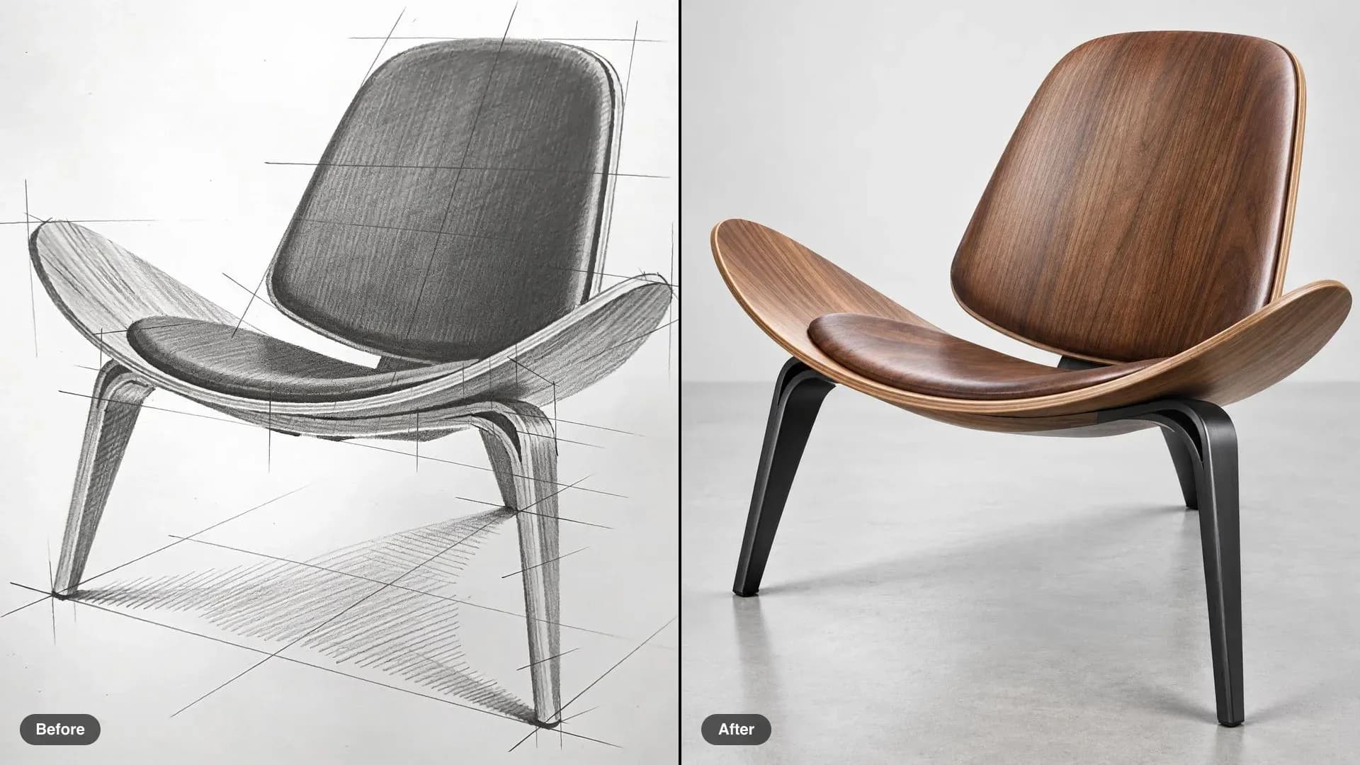 Before and after of a pencil sketch of a lounge chair, rendered as a walnut and steel product photo at the same angle