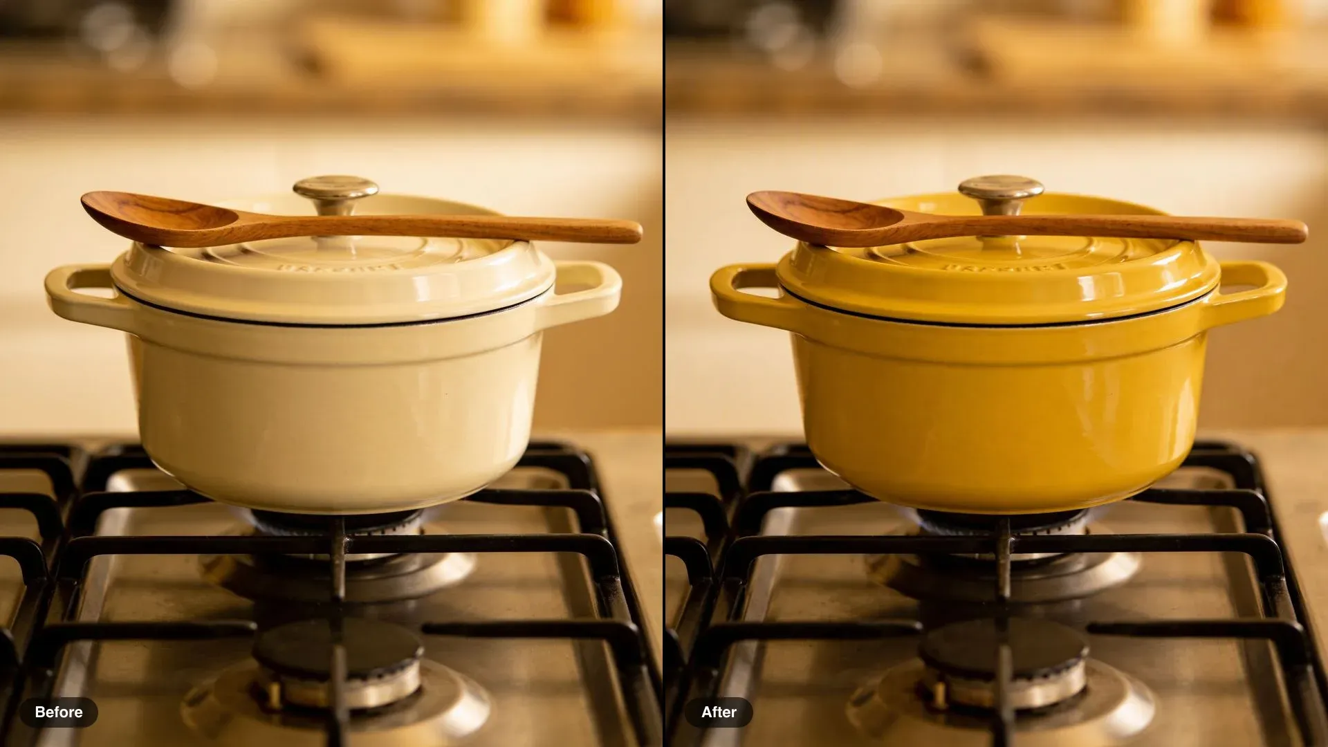 Before and after of a cream enamel pot on a gas stove, recolored to mustard yellow
