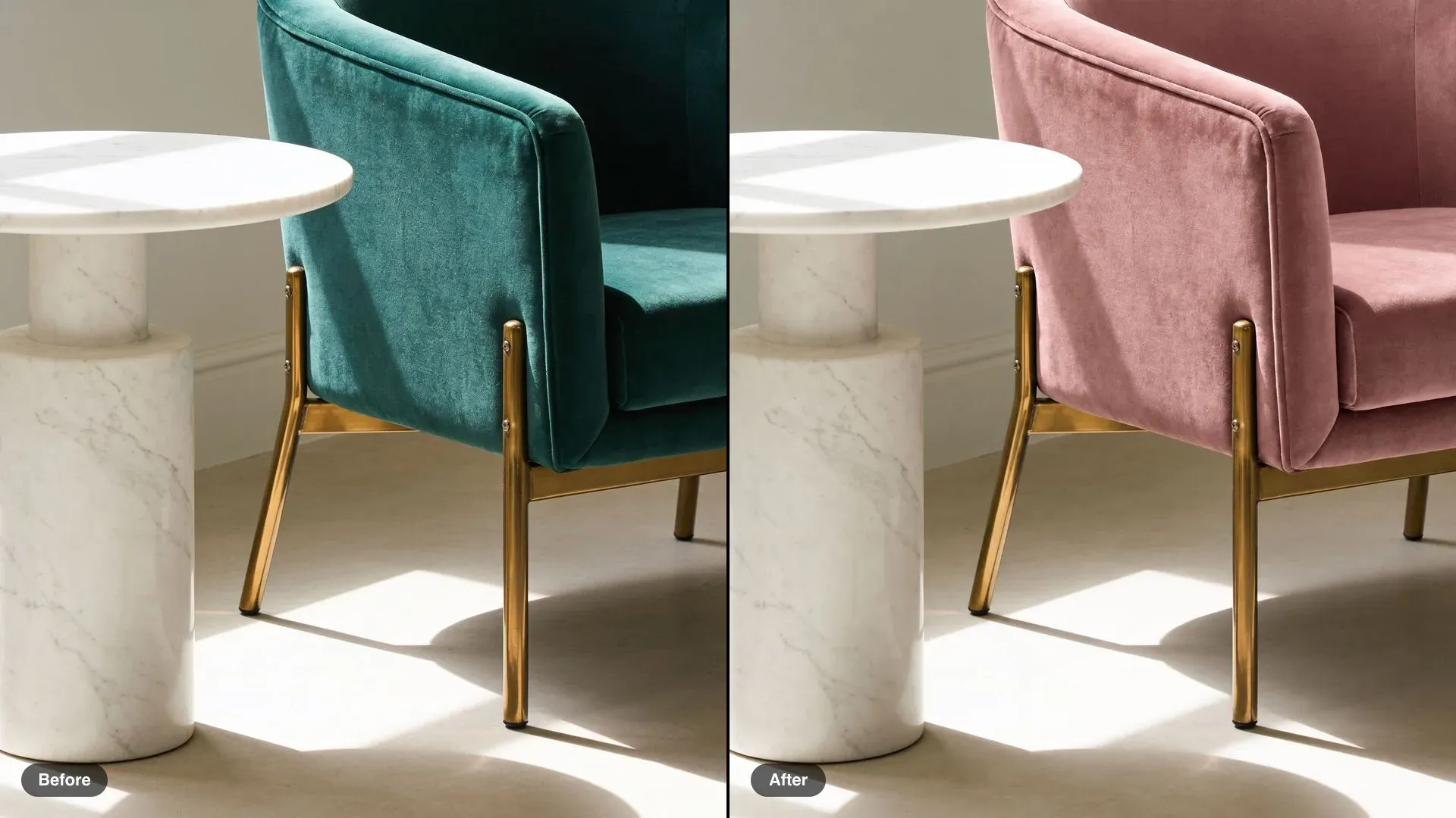 Before and after of an emerald velvet armchair with brass legs, reupholstered in dusty pink velvet