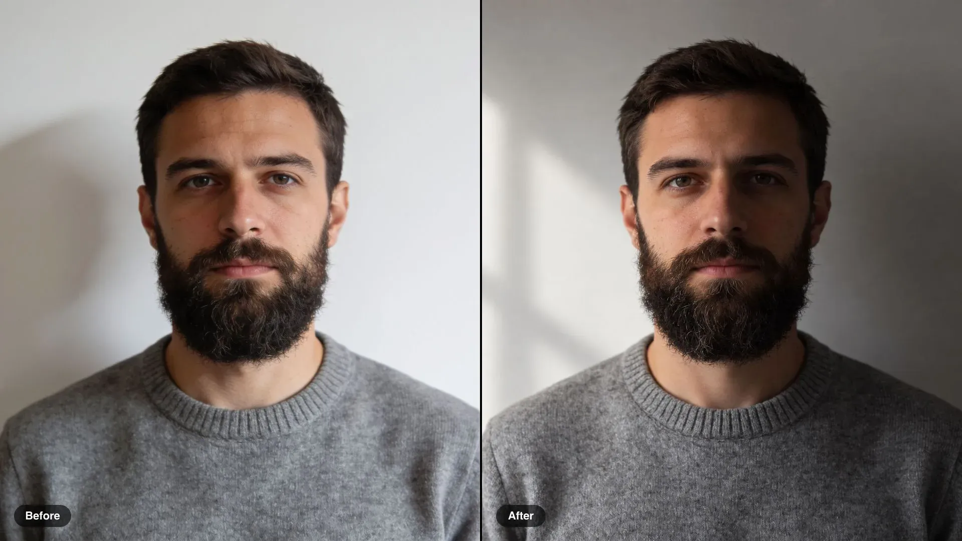 Before and after of a bearded man in a grey sweater, flat front light changed to soft window light from the left
