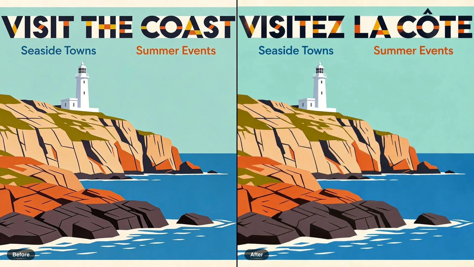 Before and after of a coastal travel poster, VISIT THE COAST translated to VISITEZ LA CÔTE in the same capitals