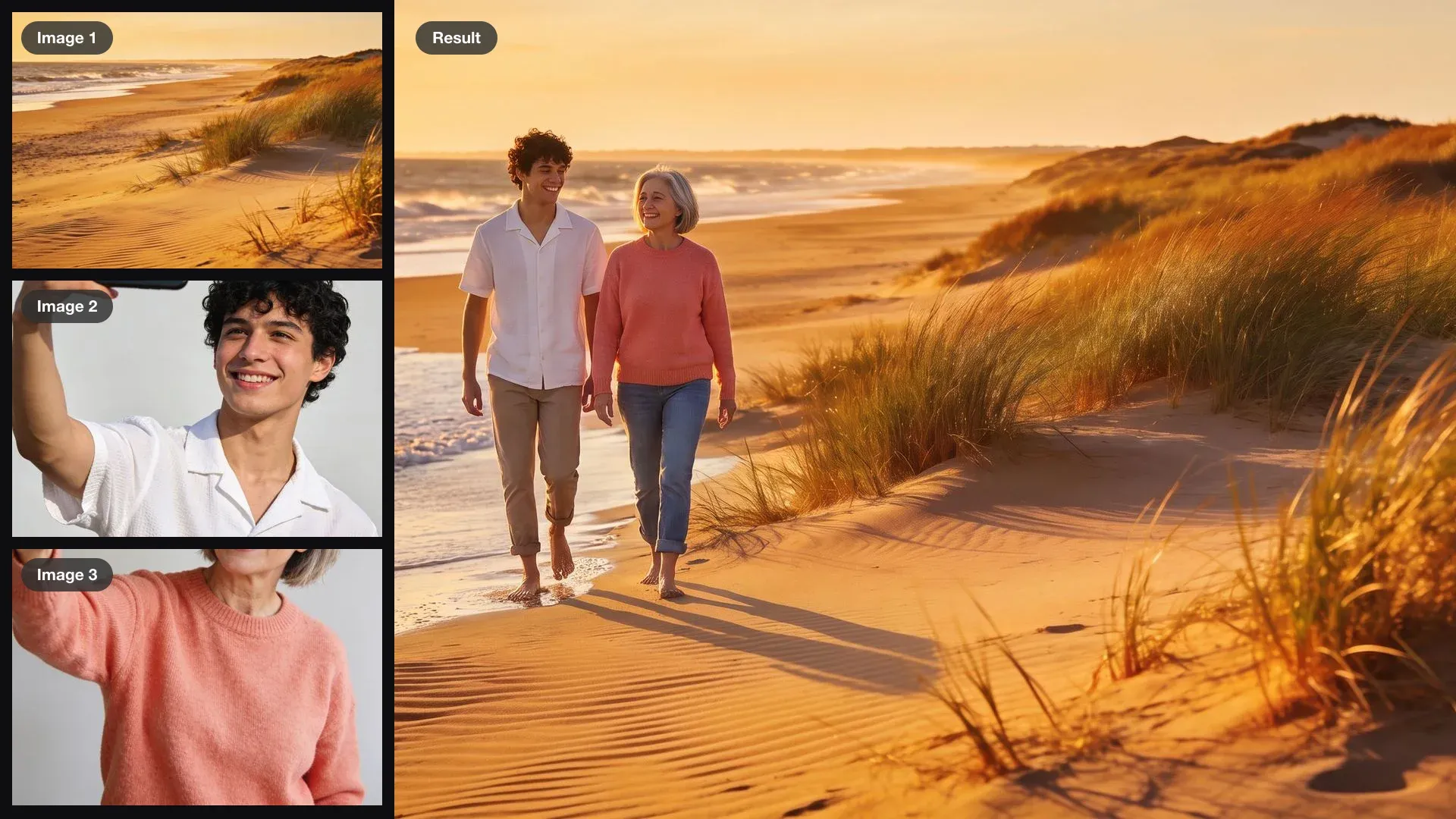 Two selfies and a beach photo as inputs, combined into one photo of the young man and the grey-haired woman walking along the shore at golden hour