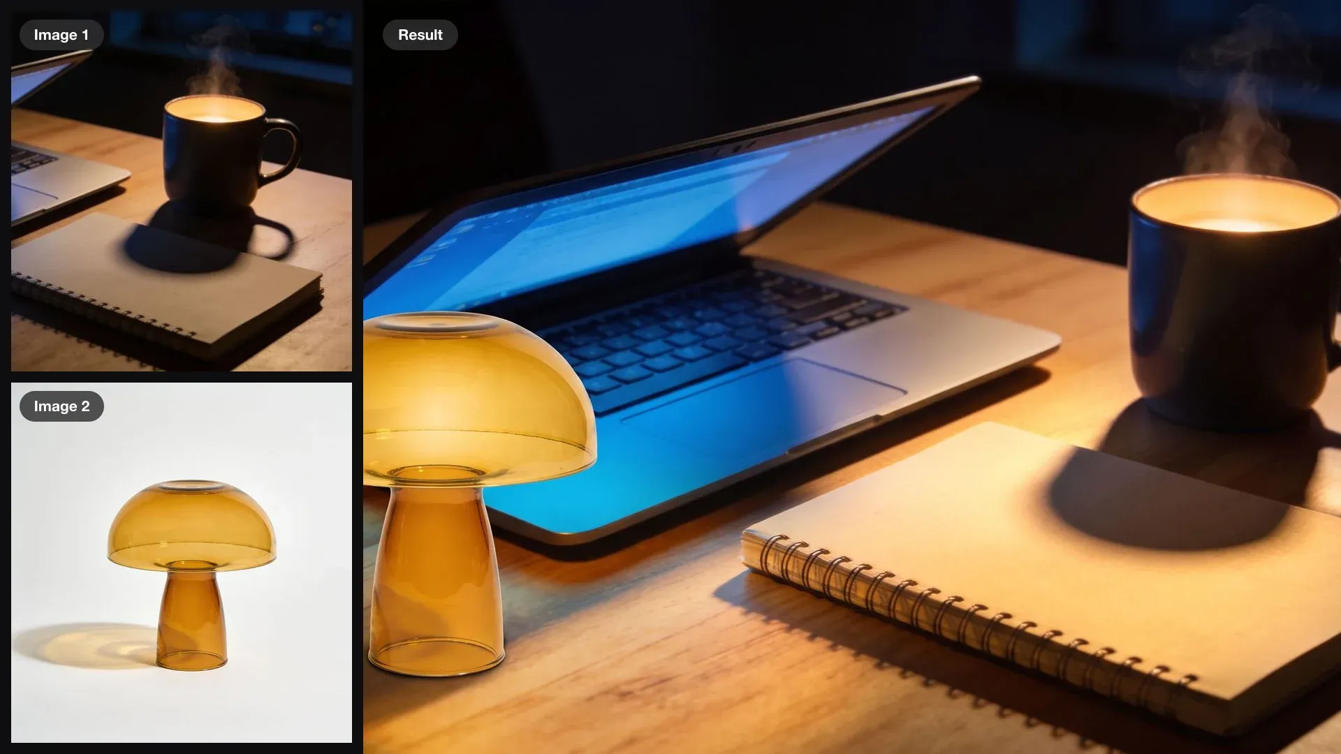 A dark desk lit by a laptop and an amber mushroom lamp as inputs, combined into one photo of the lamp glowing on the desk