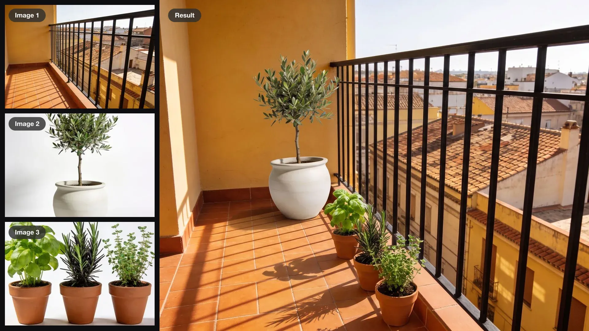 An empty balcony, an olive tree and three herb pots as inputs, combined into one photo of the furnished balcony