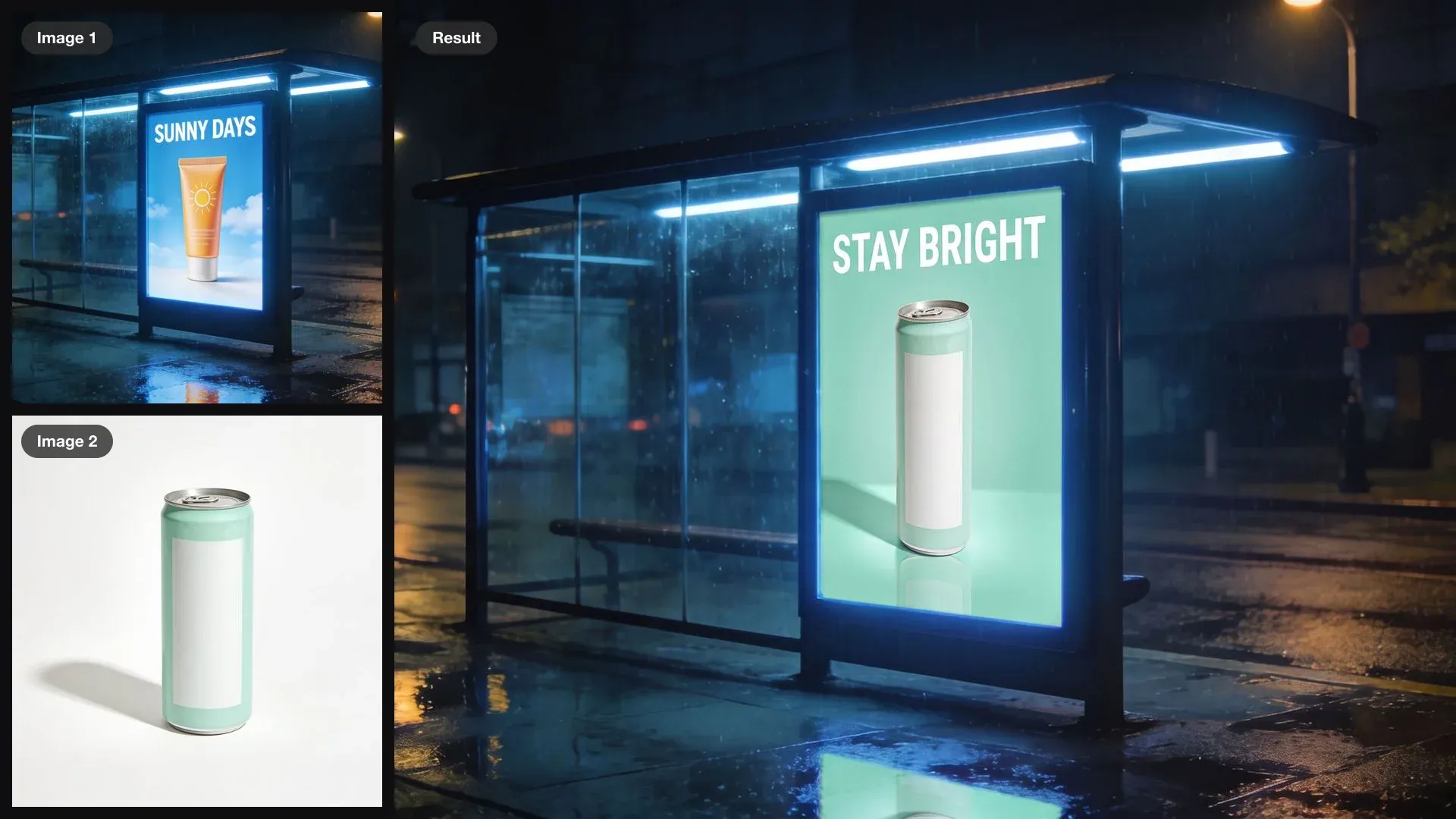 A bus shelter with a sunscreen ad and a mint can as inputs, combined into the same shelter showing an ad for the can with the headline STAY BRIGHT