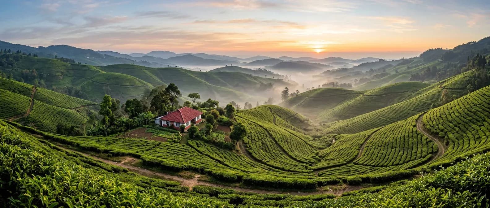 Ultra-wide panorama of terraced tea fields in morning mist with a red-roofed farmhouse