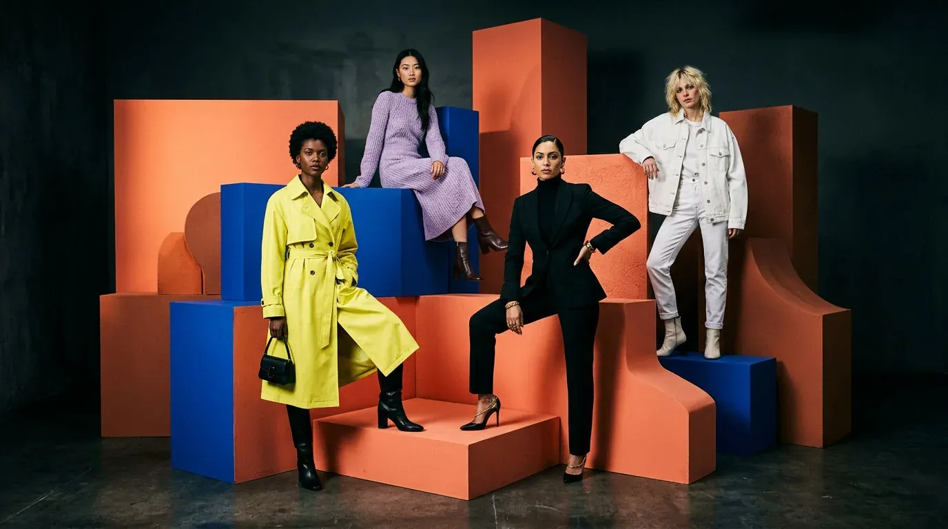 Four models in a lemon trench coat, black suit, lilac knit dress and white denim jacket posing on coral and cobalt blocks