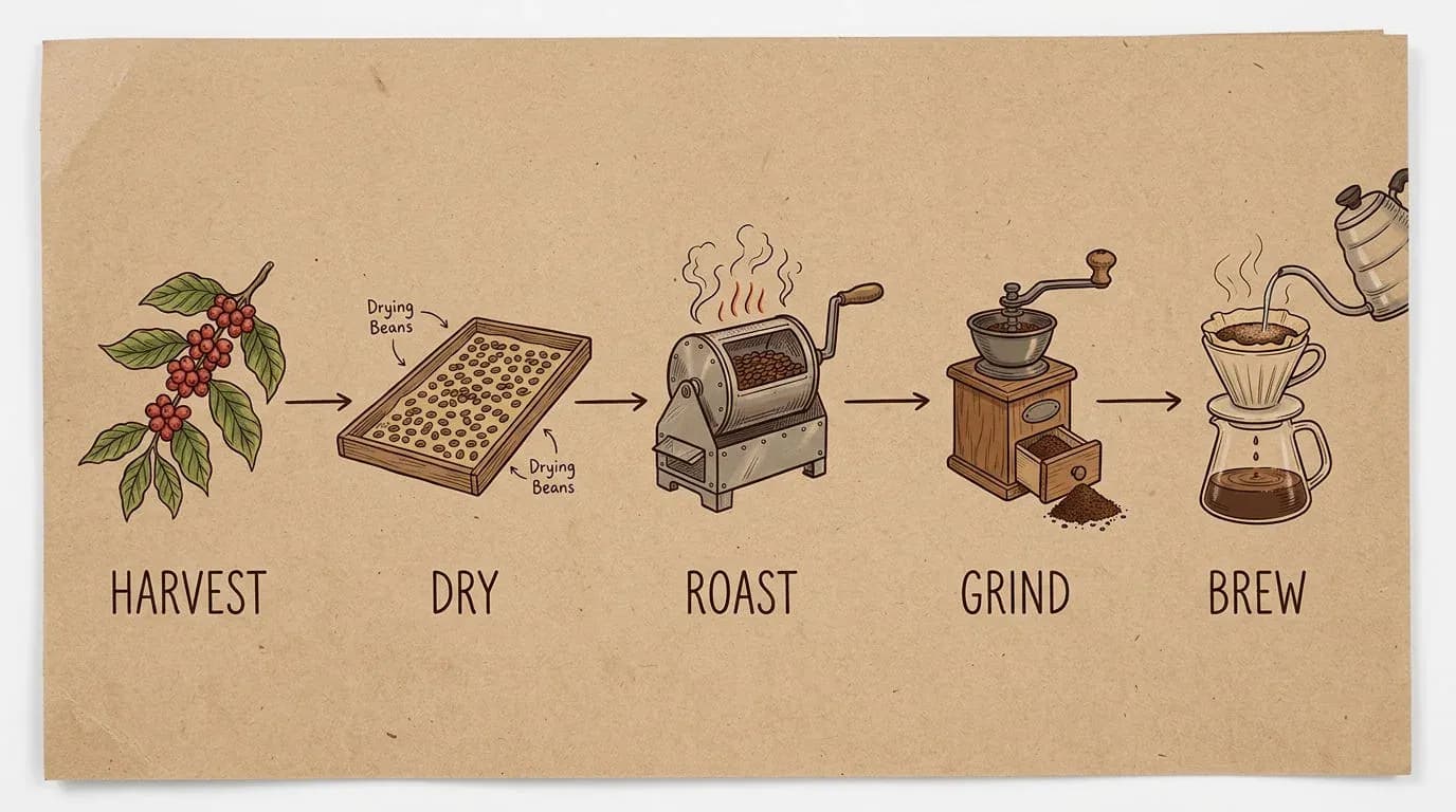 Kraft paper infographic of coffee from farm to cup with five labeled steps: harvest, dry, roast, grind, brew