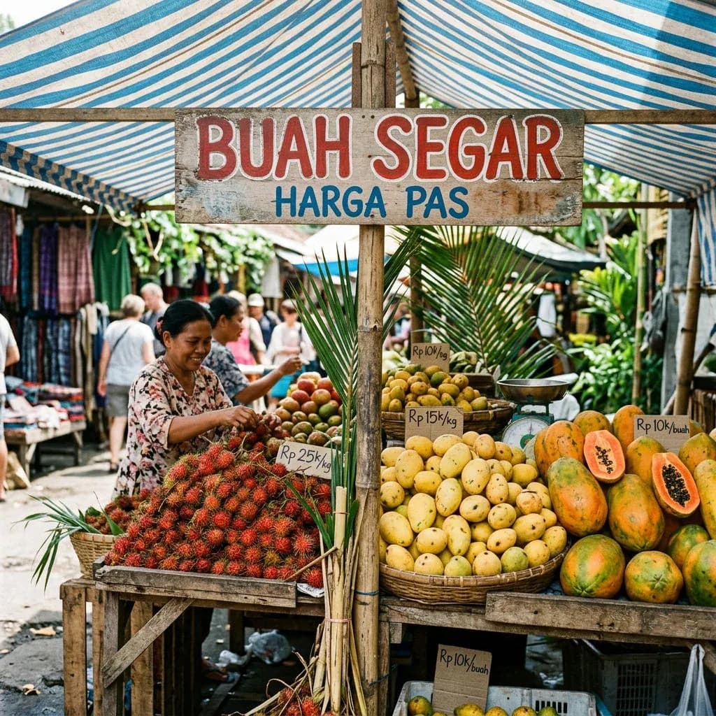 Tropical market fruit stall with a hand-painted sign reading BUAH SEGAR and piles of mangoes, rambutans and papayas