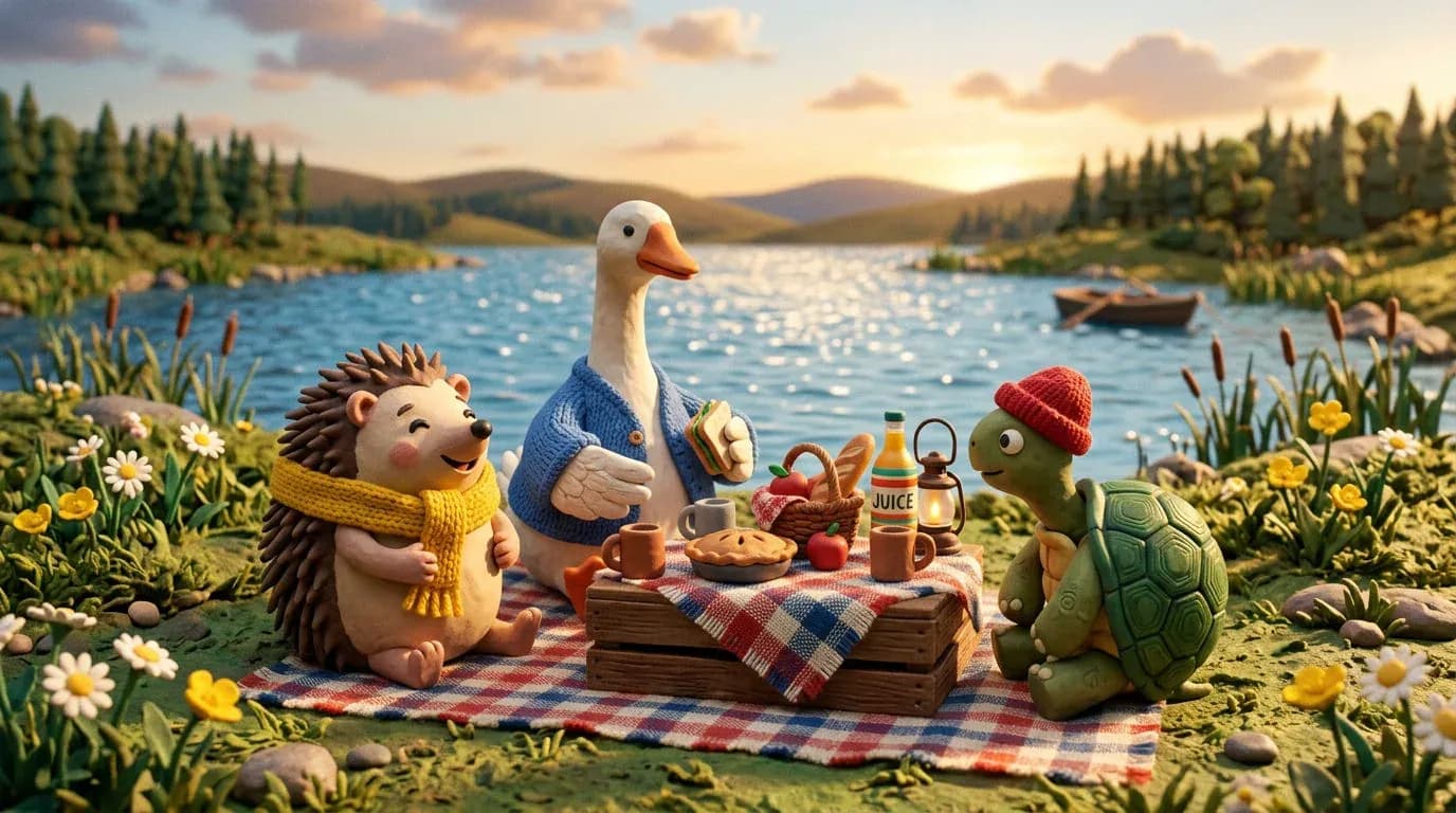 Clay hedgehog, goose and tortoise characters having a picnic by a lake