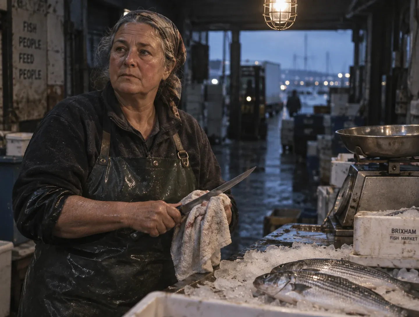 Rain-soaked market portrait of a fishmonger under a work lamp