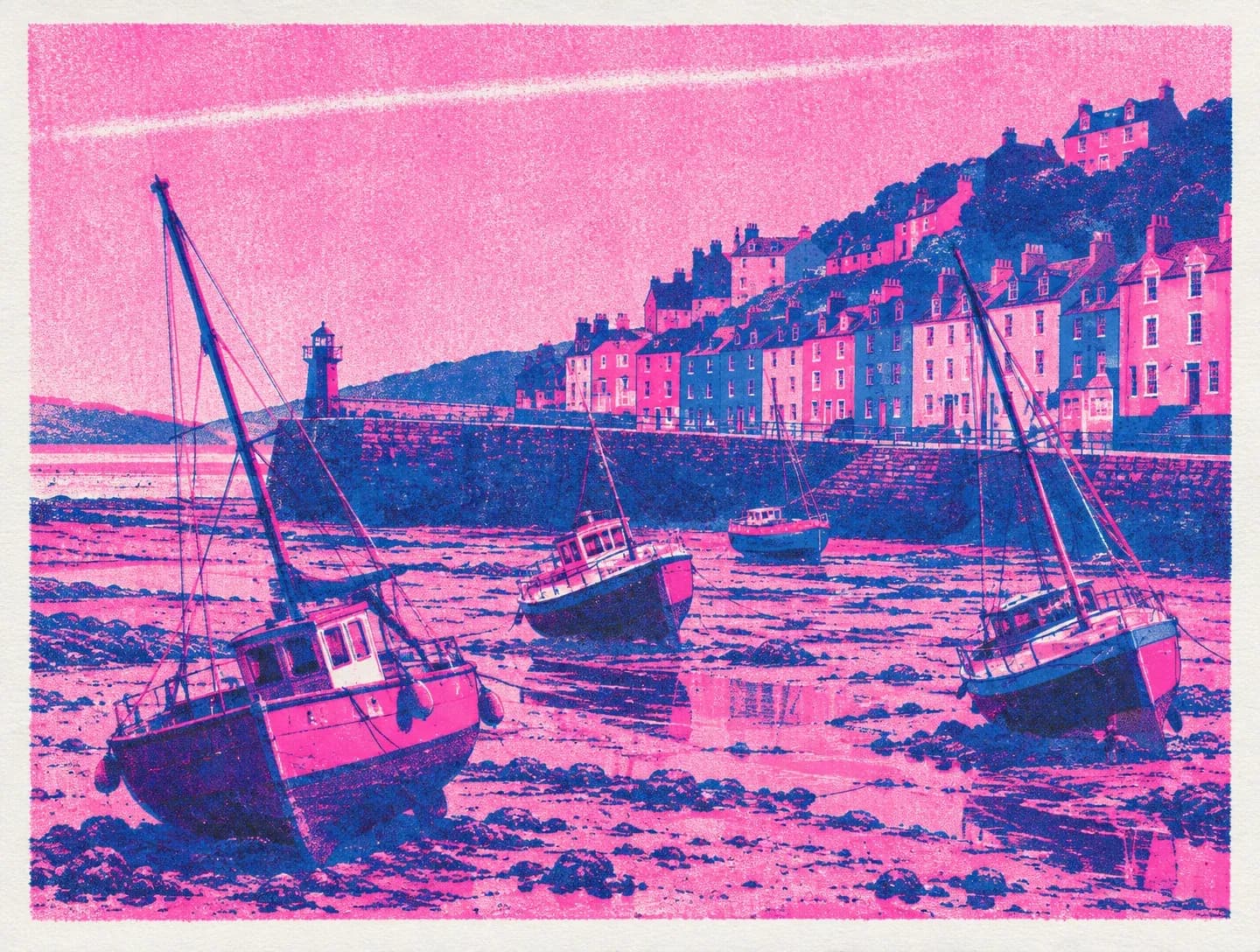 Risograph print of a harbour town in two inks with deliberate misregistration