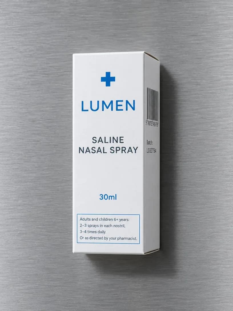 Overhead shot of a pharmacy carton on steel with a dosage panel in small print