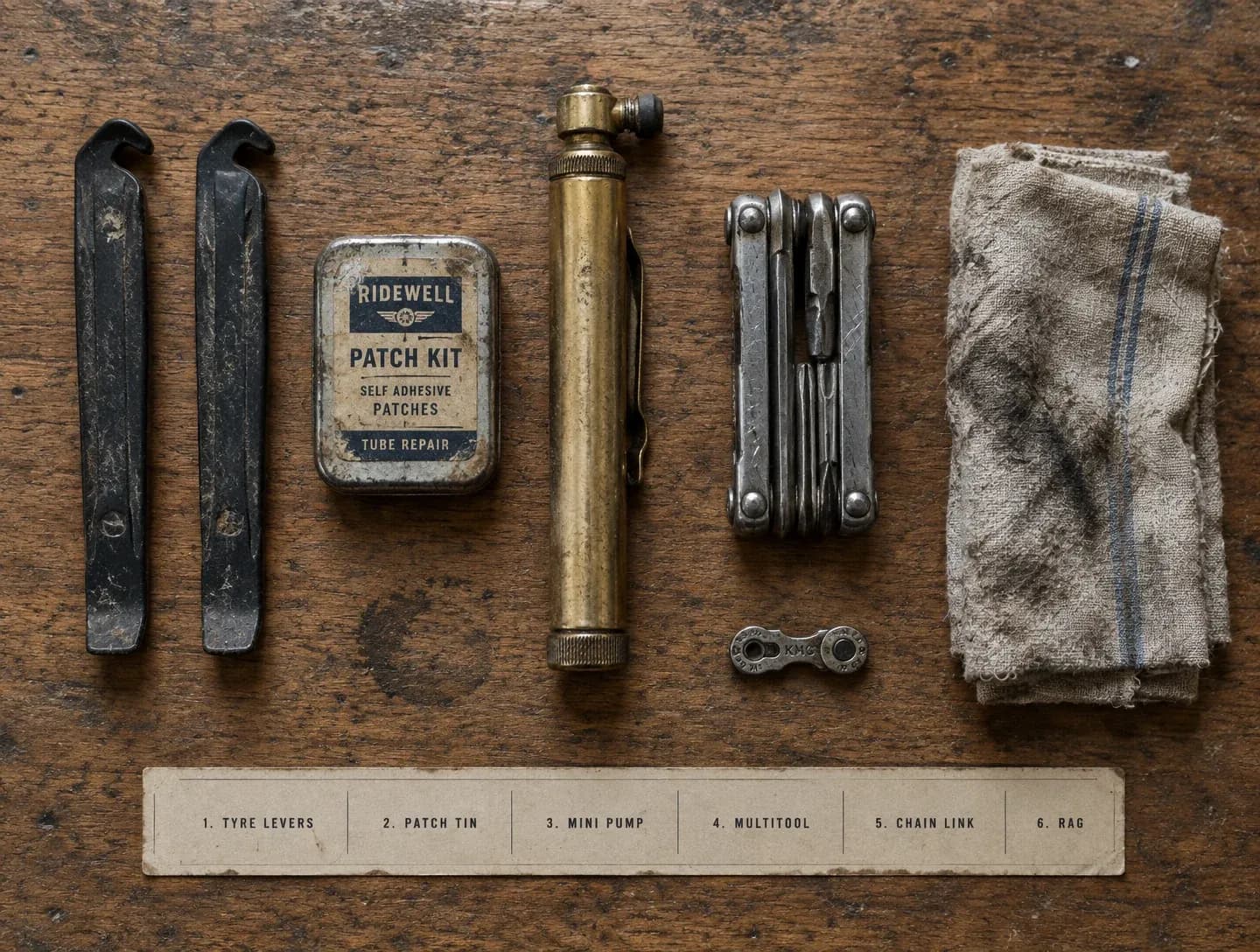 Overhead flat lay of a repair kit with every tool named on a card