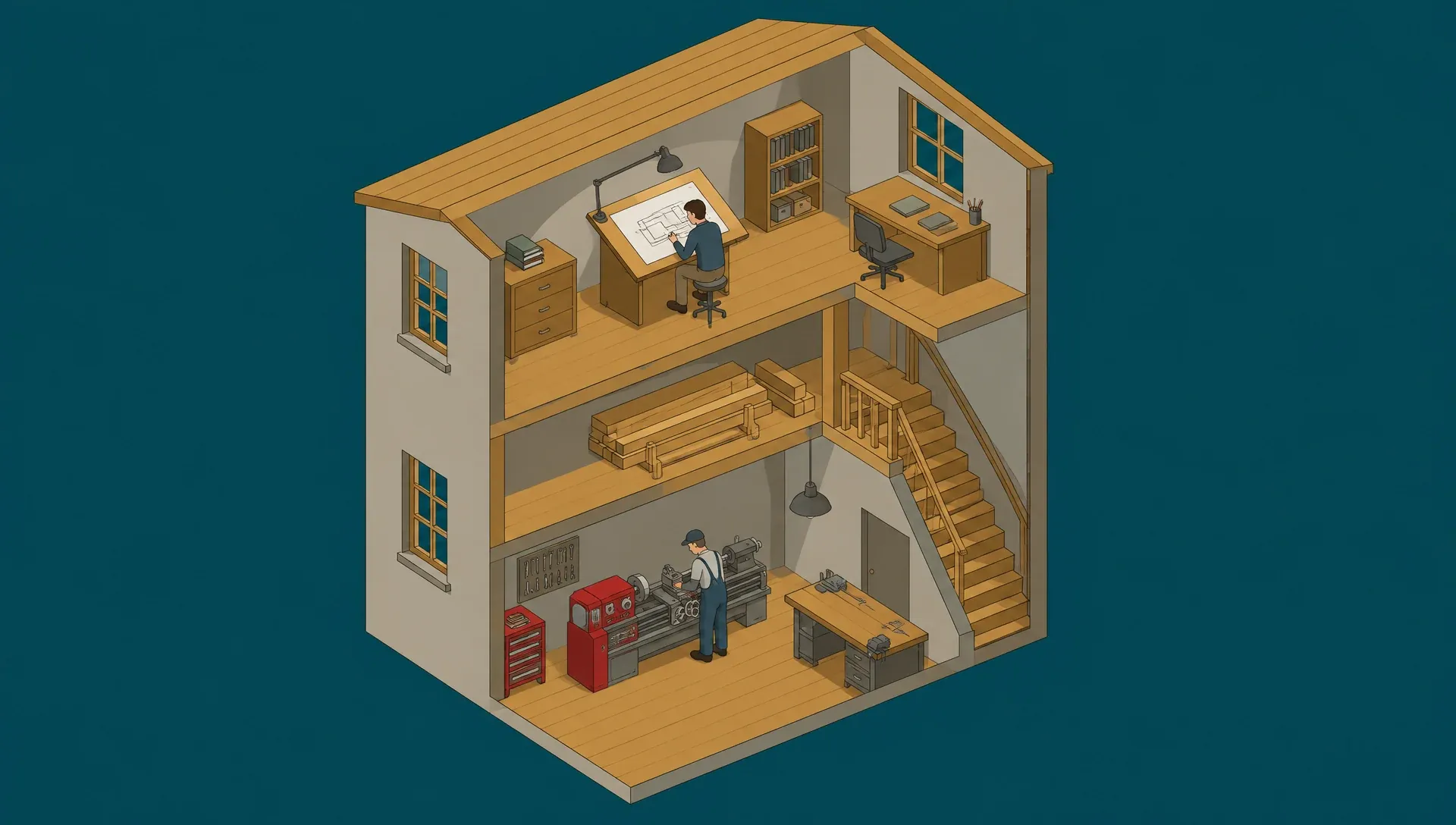 Isometric illustration of a small workshop cut open to show three rooms