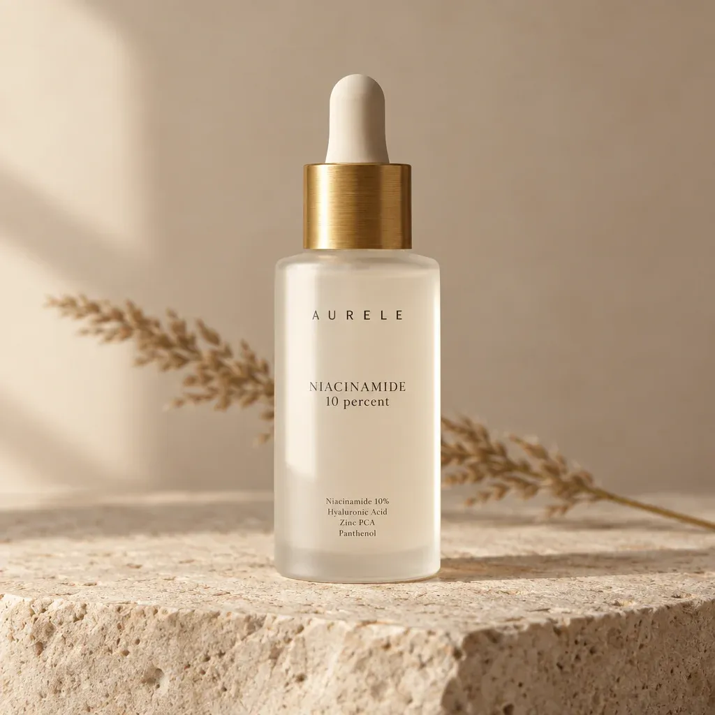 Skincare bottle product shot with a legible ingredient list on the label