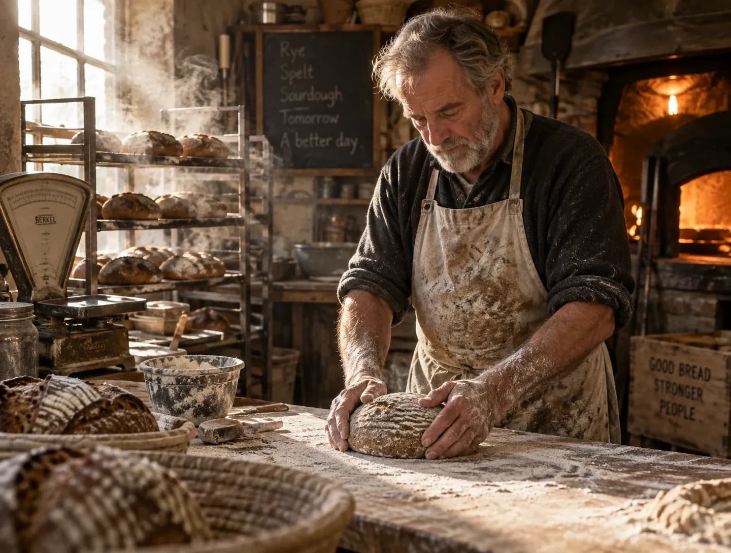 Editorial kitchen scene of a baker shaping dough in early morning light