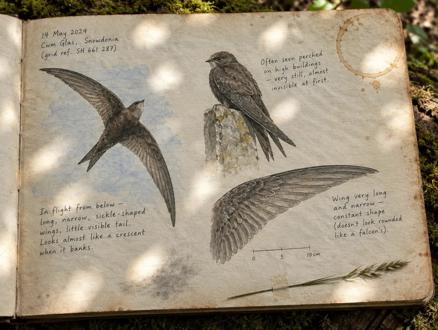 Field notebook open on a mossy log with sketches and handwritten annotations
