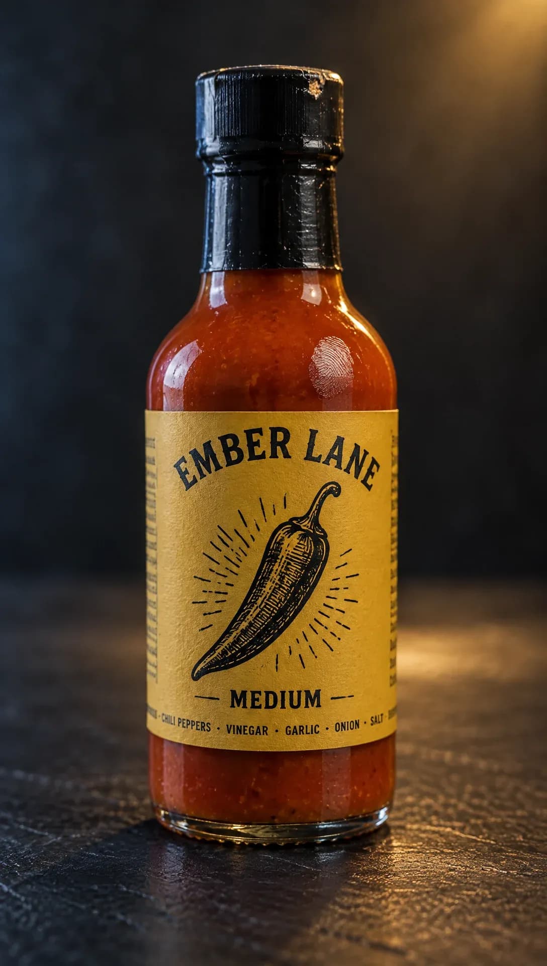 Bottle of hot sauce with a wraparound label seen at eye level