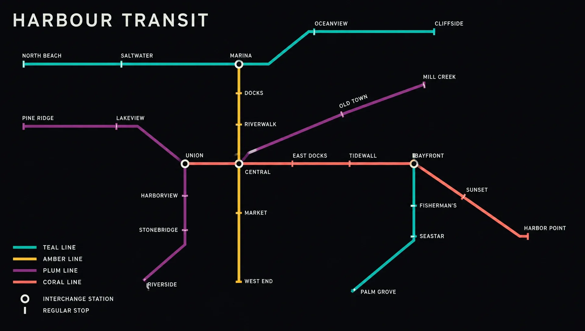 Transit map diagram of a fictional four-line network on a near-black ground
