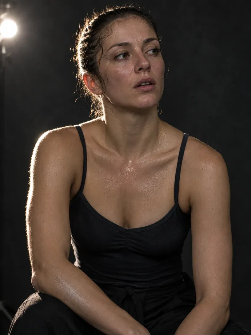 Studio portrait of a dancer with a hard rim light along one edge