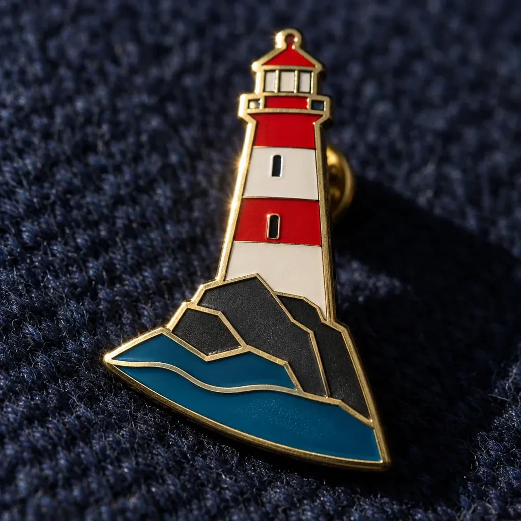 Macro of an enamel pin on dark wool with a raised metal border between colours